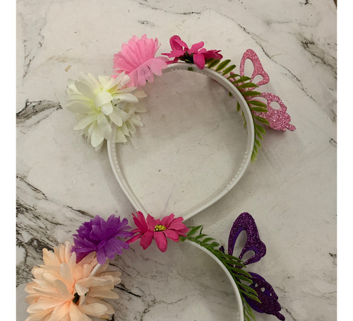 Vinchas De 3 Flores Tallo Y Mariposa Ideal Primavera