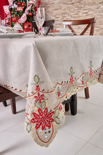 Mantel Navideño Rectangular Para 6 Sillas. Flor De Navidad