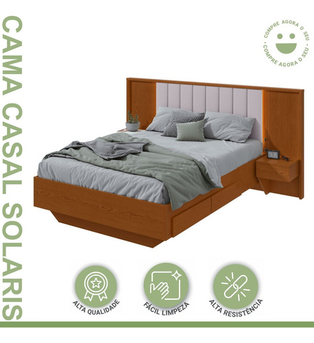 Cama Casal 140cm Com Usb, Usb-c 2 Mesa De Cabeceiras Wt