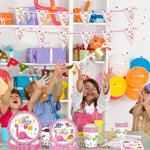 Vajilla De Fiesta De Dinosaurio Rosa Para 10 Personas