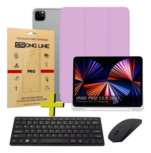 Capa Para iPad Pro 12.9 5ª Geração + Teclado Mouse +pelicula Cor Rosa-claro