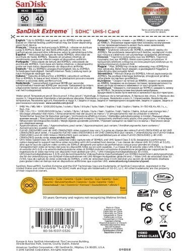 Imagem 3 de 3 de Cartão De Memória Sandisk Extreme Sd 32gb 90 Mb/s Sdhc Uhs-i
