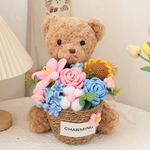 Ramo Flor Ganchillo Bonito Oso Peluche Hecho Mano Girasol B