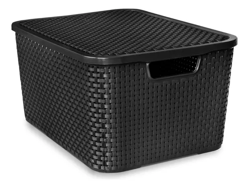 Caja Cesto Canasto Organizador Rattan 20lts Tapa - Negro