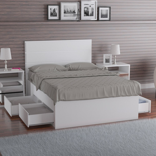 Cama De Casal Com Cabeceira 147cm 4 Gavetas Dreams F04 Branc