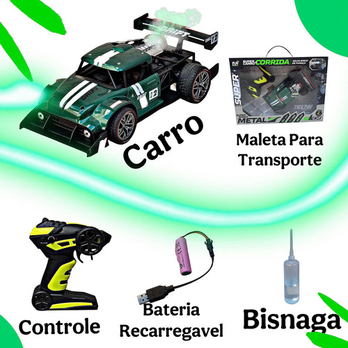 Carrinho Controle Remoto Super Speed Drift Com Luz E Fumaça Verde Drift
