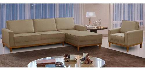 Kit Sofá 3 Lugares 2,10m Chaise Poltrona Living Linho Bege