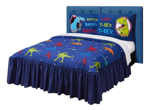 Colcha Matrimonial Jurásico Azul Marino C/ Fundas Elefantito