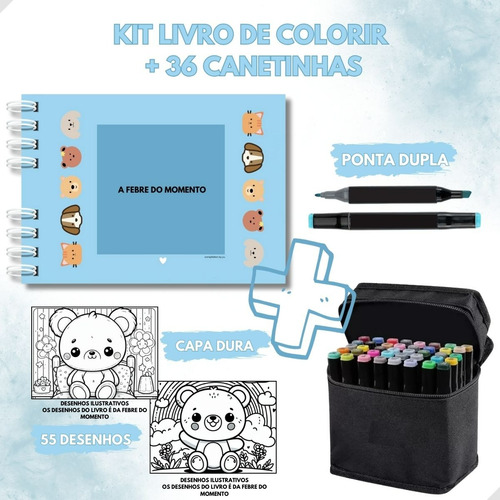 Livro De Colorir 55 Desenhos + 36 Canetinhas Pontas Dupla