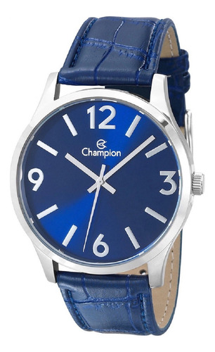 Relógio de pulso Champion Social Executive CN20613 com corpo prata,  analógico, para masculino, fundo  azul, com correia de couro sintético cor, agulhas cor prata e fivela simples