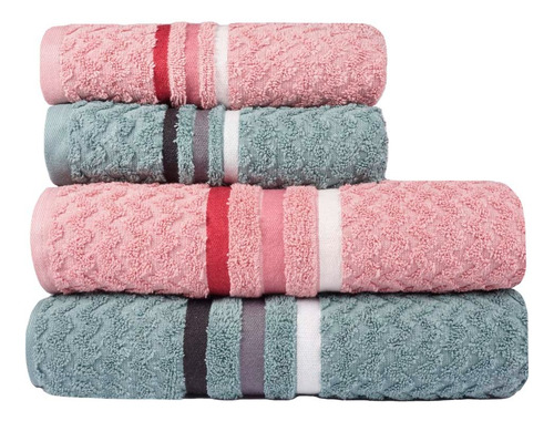 Jogo De Toalhas De Banho 4 Jacquard Trento 450 G/m² Cor Verde/rosa Listras