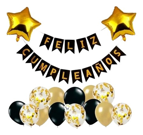 Kit Decoración Feliz Cumpleaños Dorado Negro Banderin 17 Pcs