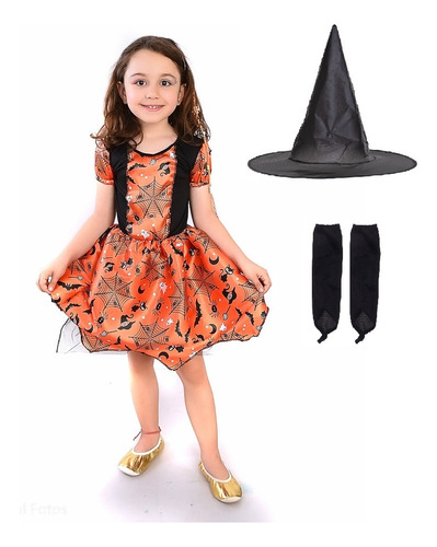 Fantasia Vestido Infantil Bruxinha Halloween Com Acessórios