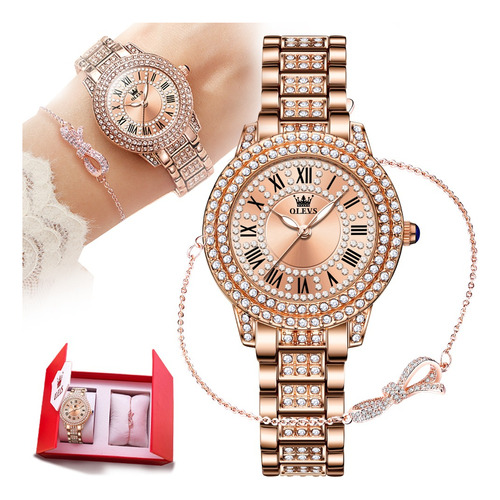 Olevs Relojes Pulsera De Mujer Diamantes De Cuarzo Rosa 9943