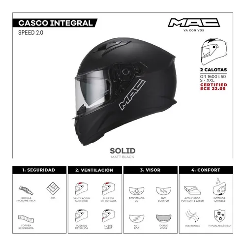 Casco Moto Mac Speed 2.0 Solid Negro Mate Doble Visor Fas