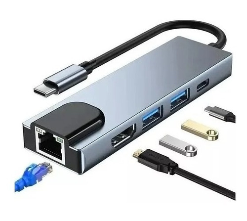 Convertidor Tipo C Hdmi 5 En 1 Adaptador Red Usb 3.0 Pd