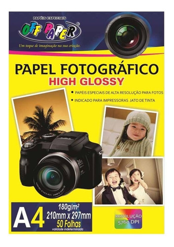 Papel Fotográfico A4 High Glossy 180g Off Paper 50 Folhas 