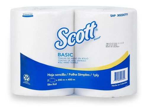 Toalla De Manos Scott Basic En Rollo Blanca Hoja Sencilla