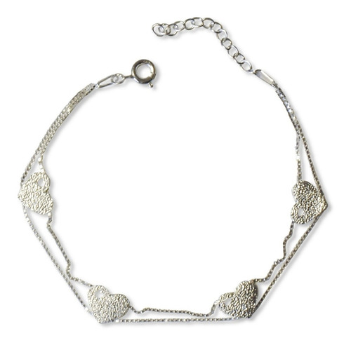 Pulsera Corazones Doble Cadena Plata Fina 925