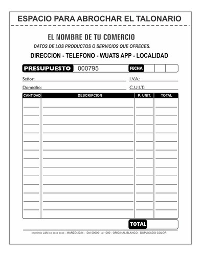 10 Talonarios Personalizado Presupuestos Remitos Facturas