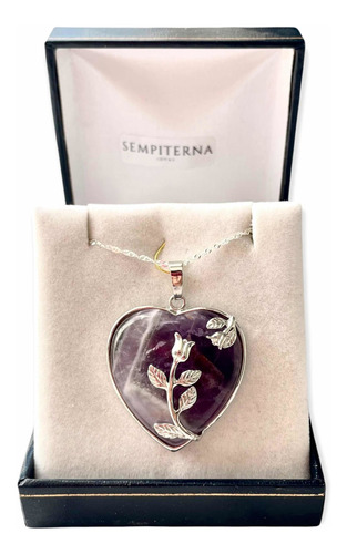 Collar Amatista Corazón Con Rosas Cadena Plata Caja Y Envío