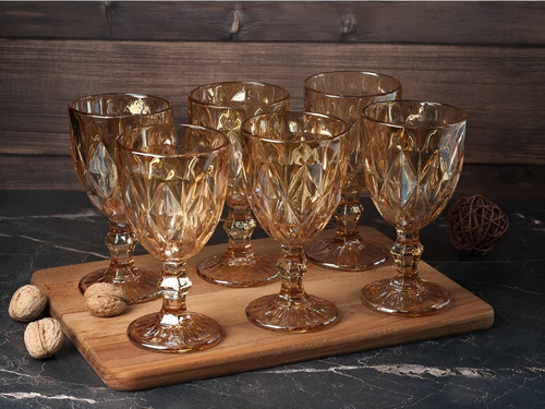Set X 6 Copas Vintage Vidrio Rombos Para Agua Vino Bebidas Color Ambar/dorado