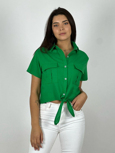 Blusa Top Amarrada Con Bolsillos Verde