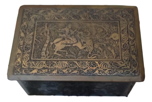 Caixa Antiga Bronze Porta Jóias Cenas Caçada Oriental #av (Usado)