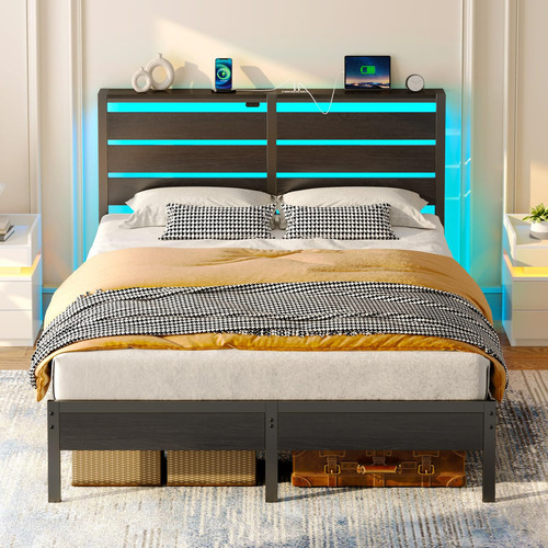 Base De Cama Matrimonial Con Carga Usb Y Almacenamiento Negr