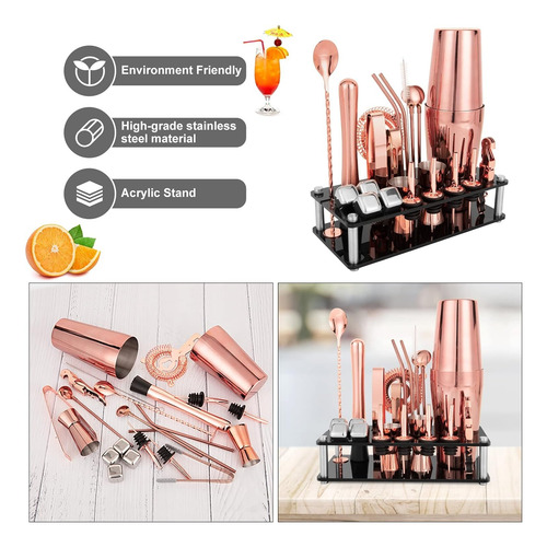 Juego Coctelero Rosa Oro Completo 14 Piezas Soporte Pro
