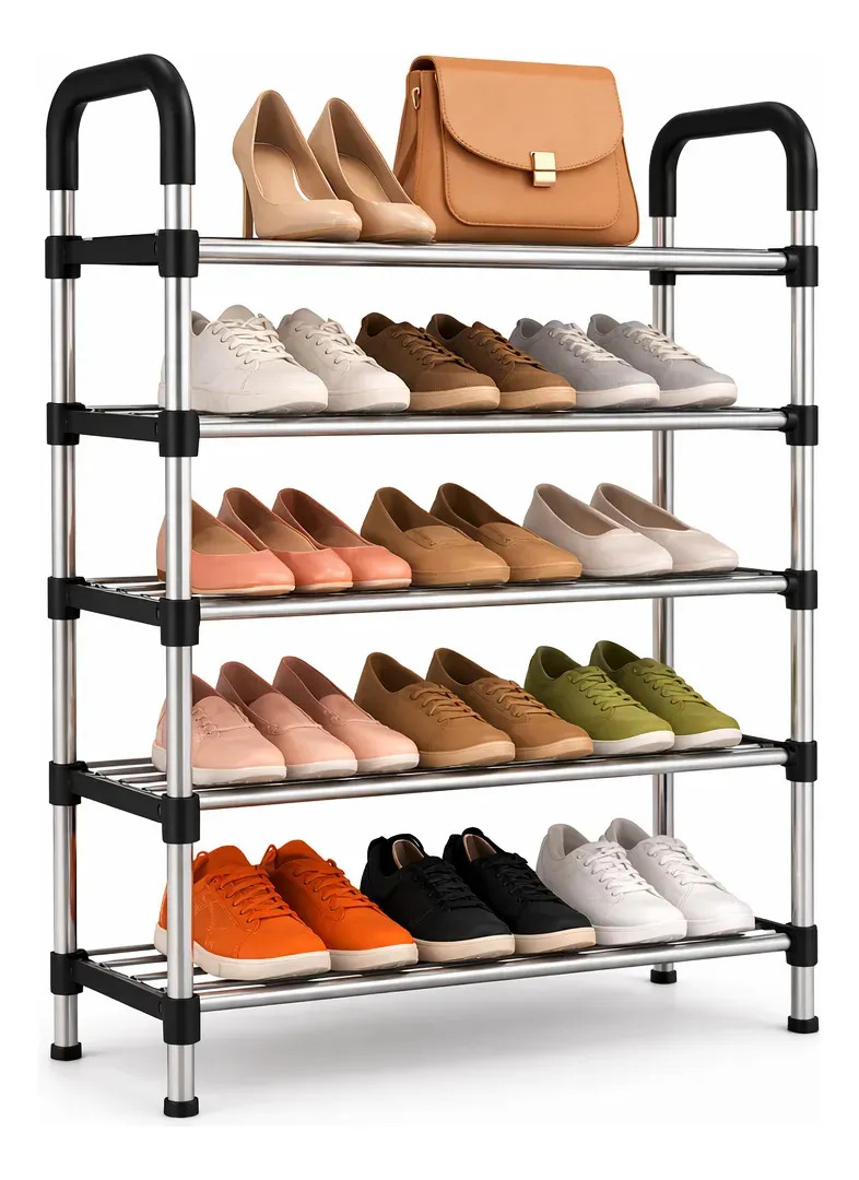 Sapateira Vertical 5 Prateleiras Aço Inox 15 Pares Organizador de Calçados Rack Sapateira Estante Porta Sapatos Armário Organizador Multiuso para Quarto Closet Sala Entrada Casa Apartamento