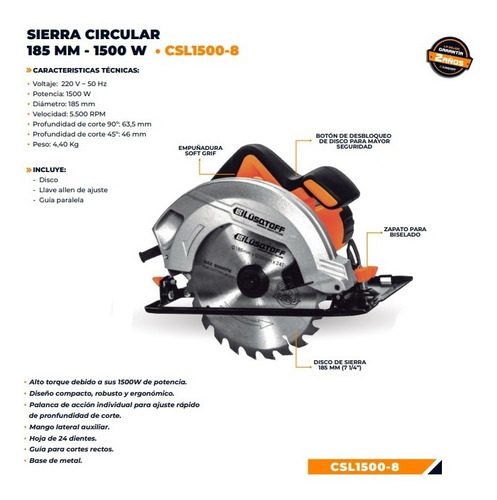 Sierra Circular Lusqtoff 1500w Disco 185mm + Cepillo 620w
