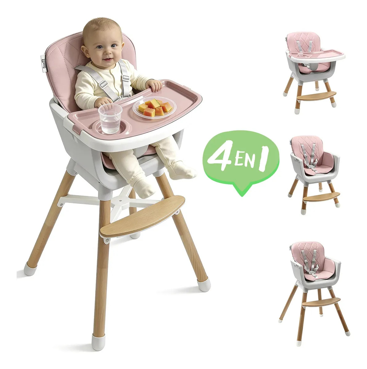 Silla alta para bebé de comer periquera ajustable 4 en 1 color rosa