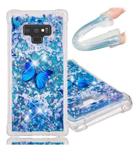 Funda Para Samsung Galaxy Note9-azul Con Mariposas Y Glit...