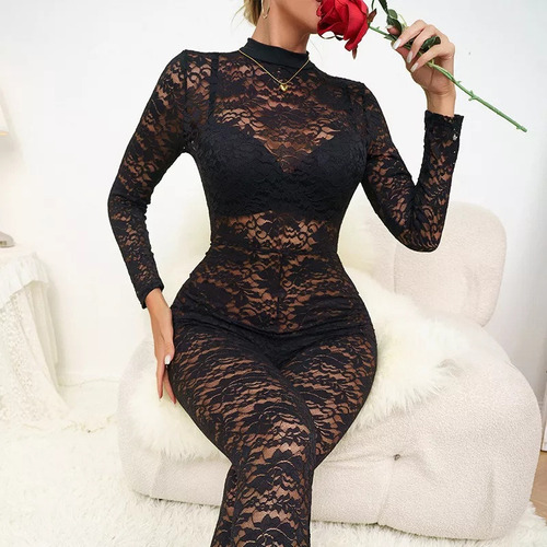 Conjunto De Pijama Sexy Mono De Encaje Transparente Con