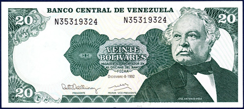 Billete 20 Bolívares N8 Diciembre 8 1992 José Antonio Páez