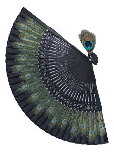 Abanico Plegable Huesos Negros Patrón Pavo Real