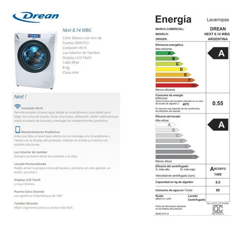 Lavarropas Carga Frontal Drean Next 8.14 Wbg 8 Kg 1400 Rpm