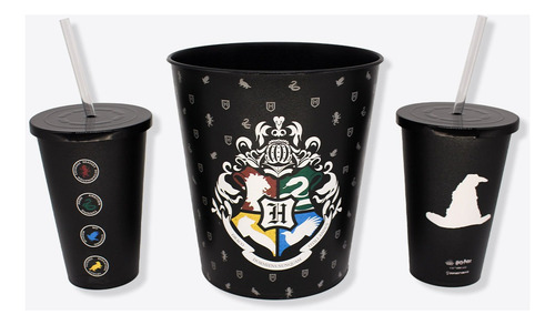 Hogwarts Kit Pipoca Almofada + Balde + 2 Copos Harry Potter