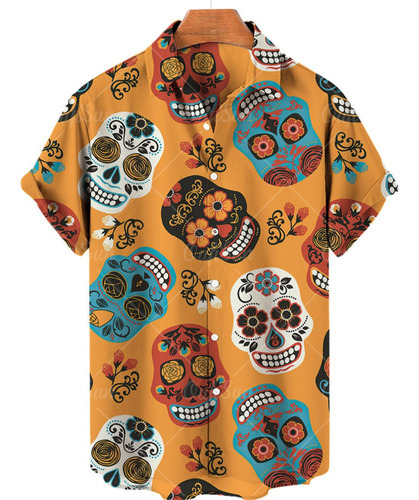 Camisa Casual Hawaiana De Hombre Con Estampado De Calavera 1