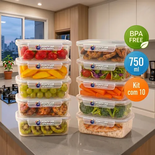 Kit 10 Potes Marmita 750ml Com Tampa Trava Transparente Bpa