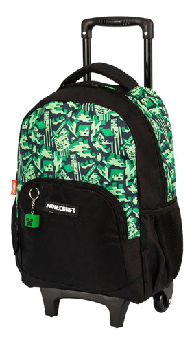 Mochila C/ Rodas Estojo E Lancheira Minecraft Cor Verde