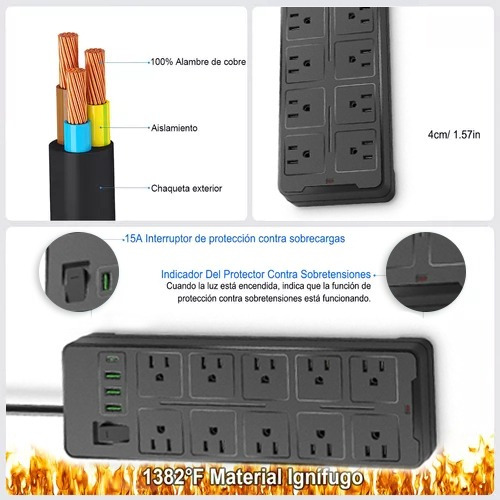 2 Multicontacto De 10 Tomas 2500w,10a Usb Cable De 2 Metros