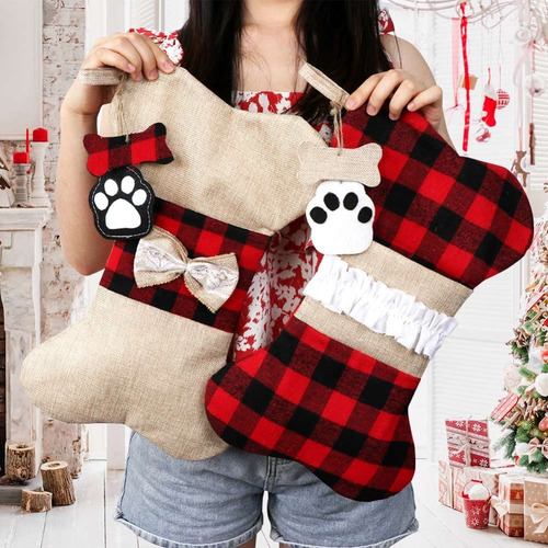 2 Simpáticas Medias De Navidad De Hueso De Perro A Cuadros