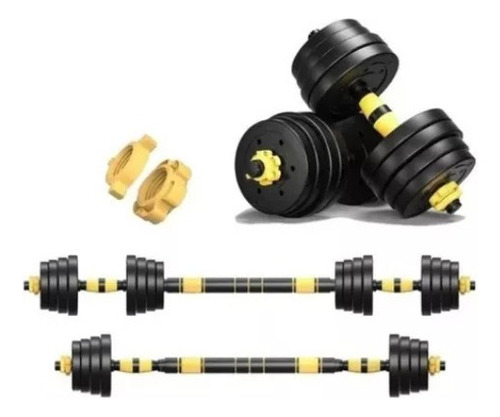 Kit Halteres Fitness 30kg Com Barra Central - Beel Pro Fg Cor Preto/Amarelo