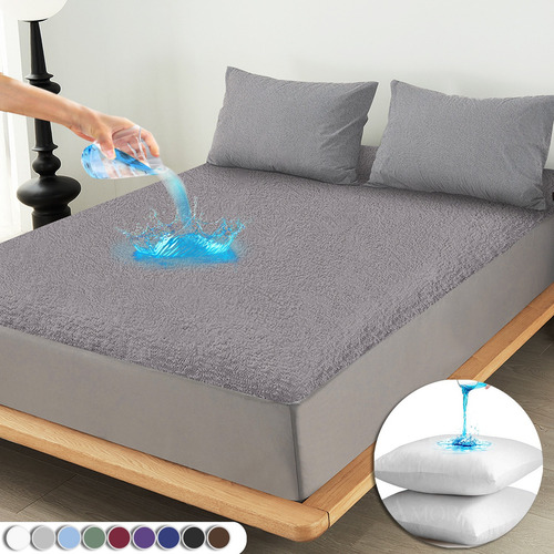 Cubre Colchon Impermeable Con Funda De Almohada Individual Color Gris Diseño De La Tela Liso