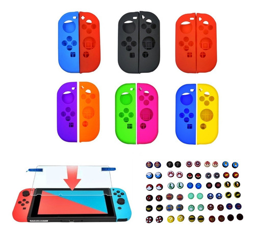 Vidrio + 2 Grips + Silicona Joycon Para Nintendo Switch 