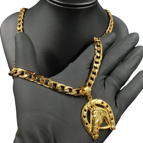 Cordão Grosso 10mm Masculino Banhado Ouro 18k + Ferradura