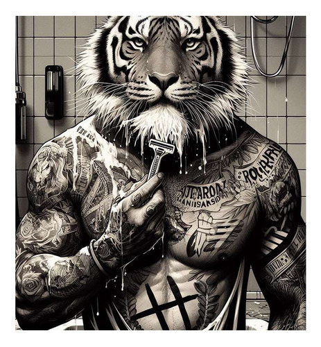 Vinilo 30x30cm Tigre Afeitandose Blanco Y Negro Tatuaje