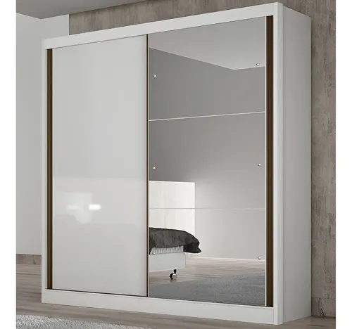 Guarda-Roupa Solteiro com Espelho 2 Portas Correr MDF Moderno Branco